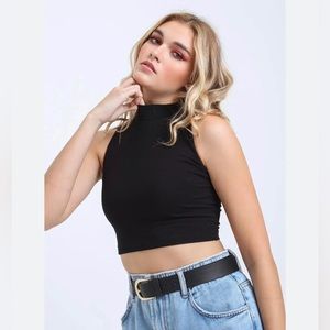 Farm Rio High Neck Ribbed Crop Top - black